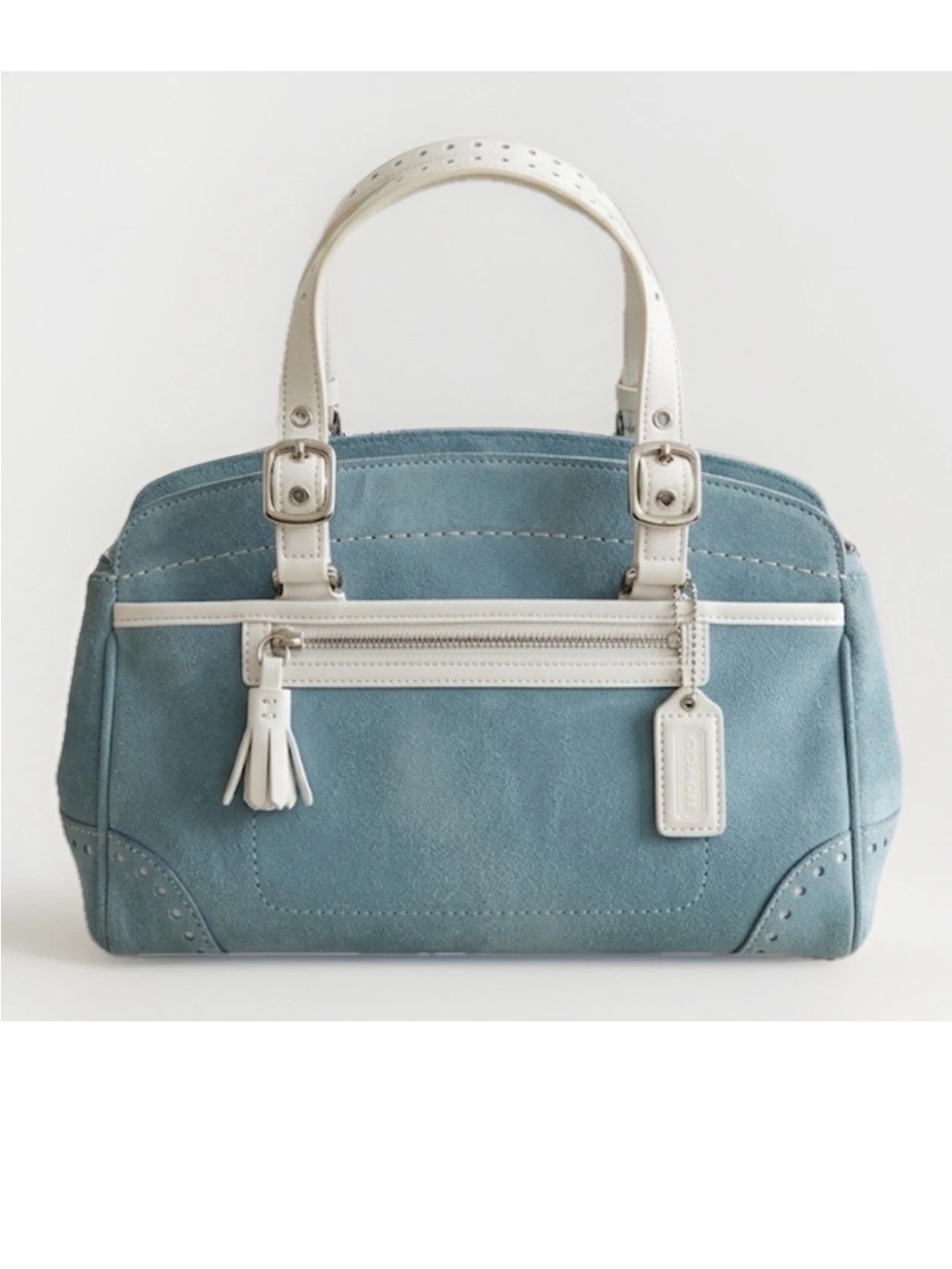 Coach Hamptons Satchel/Wristlet Set, Baby Blue Suede, White Leather Trim VINTAGE - Picture 3 of 13